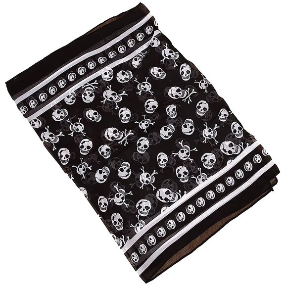 NEW Soft Silky Poly Chiffon B/W Long Scarf w/Skull & Stripe Border 19” W… - Picture 5 of 8